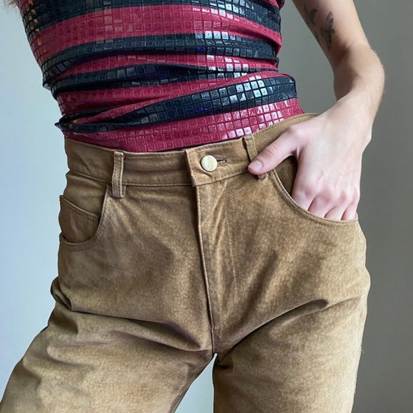 Vintage high waist tan genuine leather pants - Picture 7 of 8